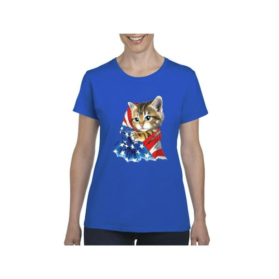 Women's T-Shirt Short Sleeve - American Flag 4th of July Kitty