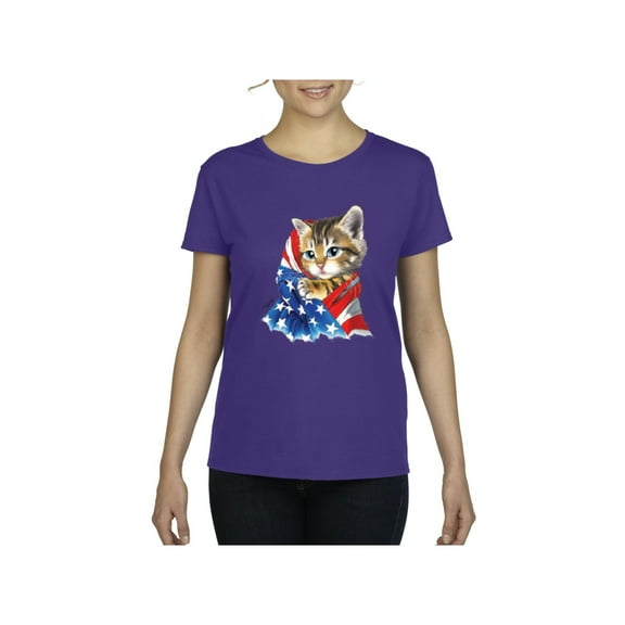Women's T-Shirt Short Sleeve - American Flag 4th of July Kitty