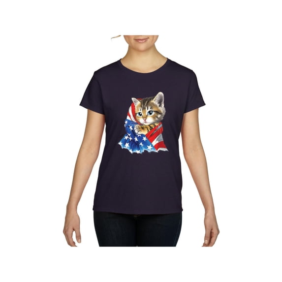 Women's T-Shirt Short Sleeve - American Flag 4th of July Kitty