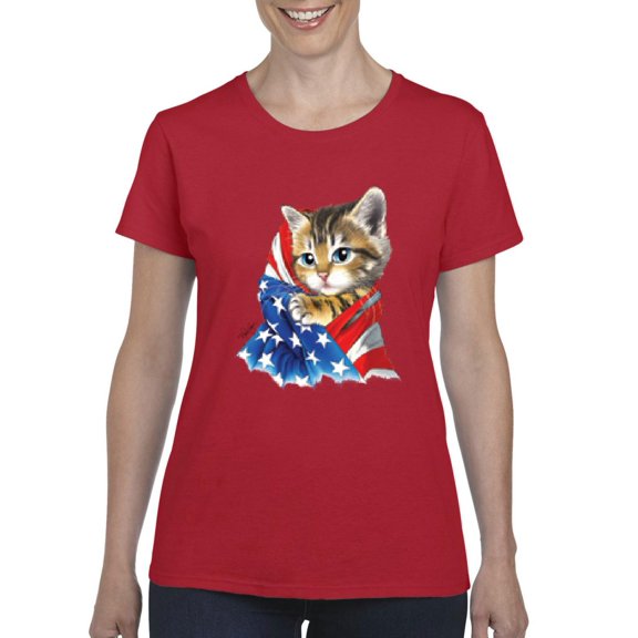 Women's T-Shirt Short Sleeve - American Flag 4th of July Kitty