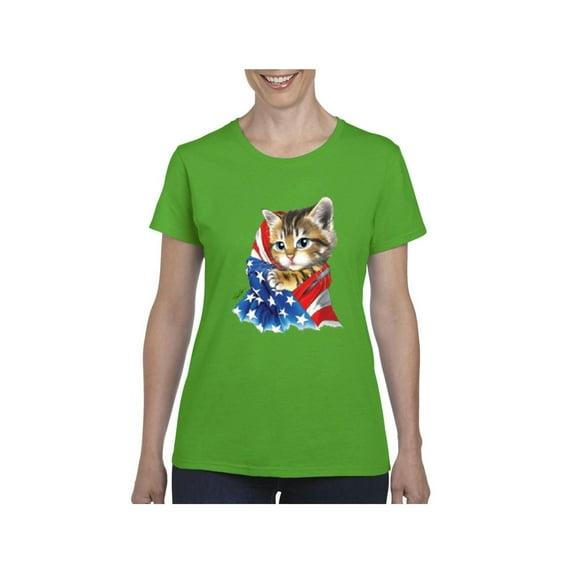 Women's T-Shirt Short Sleeve - American Flag 4th of July Kitty