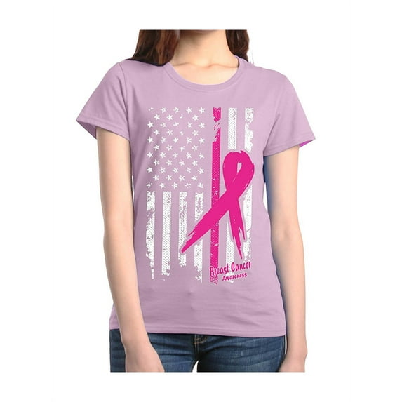 Women's T-Shirt Short Sleeve - Cancer Ribbon American Flag