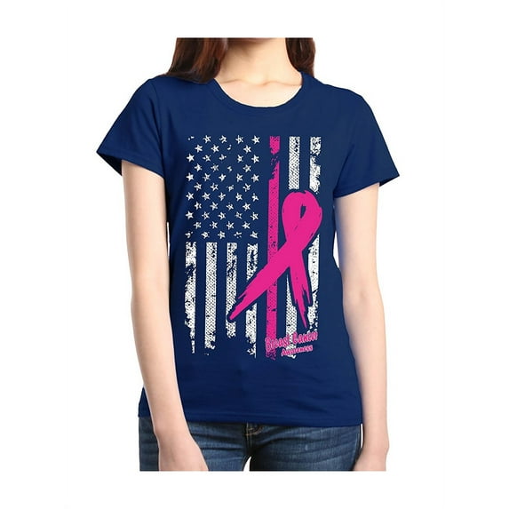 Women's T-Shirt Short Sleeve - Cancer Ribbon American Flag