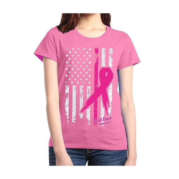 Women's T-Shirt Short Sleeve - Cancer Ribbon American Flag