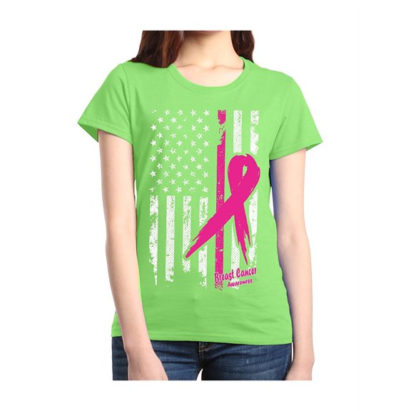 Women's T-Shirt Short Sleeve - Cancer Ribbon American Flag