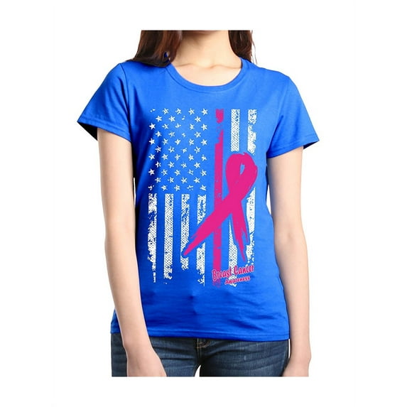 Women's T-Shirt Short Sleeve - Cancer Ribbon American Flag