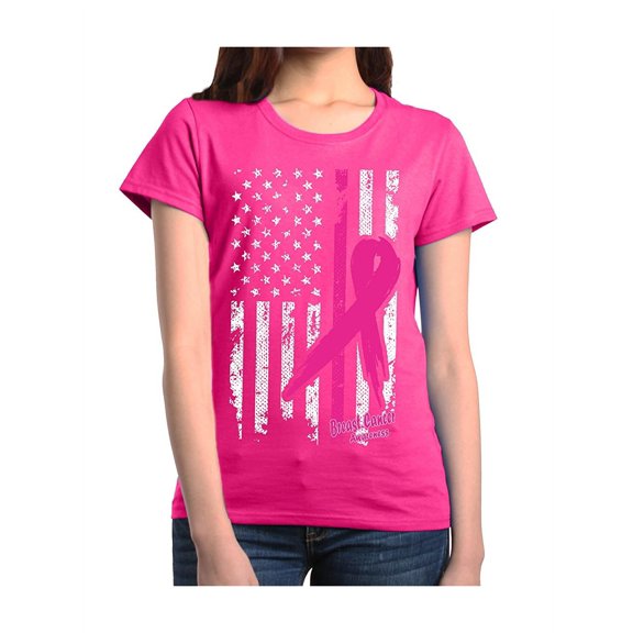 Women's T-Shirt Short Sleeve - Cancer Ribbon American Flag