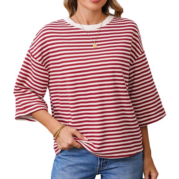 Women's T-Shirt, Short Sleeve, Striped, Neck, Casual, Loose Fit, Bow Design on Back