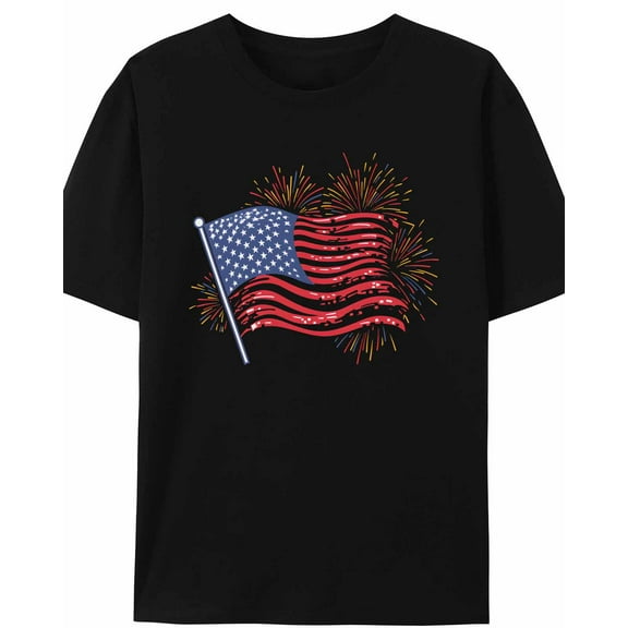 Women's T-Shirt Simple American Flag Stripes Stars Sparkle Short Sleeve Casual Tee Classic Crew Neck T Shirt for Women Black, L