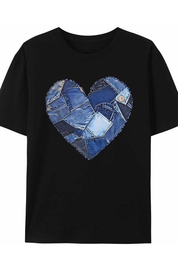 Women's T-Shirt Simple Blue Cowboy Love Heart Short Sleeve Casual Tee Classic Crew Neck T Shirt for Women Black, L