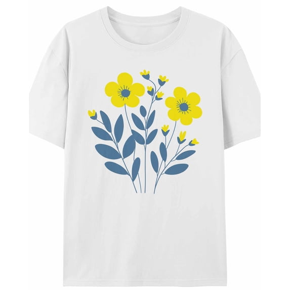 Women's T-Shirt Simple Cartoon Yellow Blue Flowers Short Sleeve Casual Tee Classic Crew Neck T Shirt for Women White, M