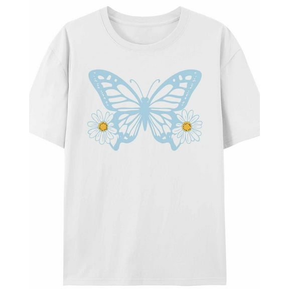 Women's T-Shirt Simple Light Blue Butterfly Daisy Short Sleeve Casual Tee Classic Crew Neck T Shirt for Women White, M