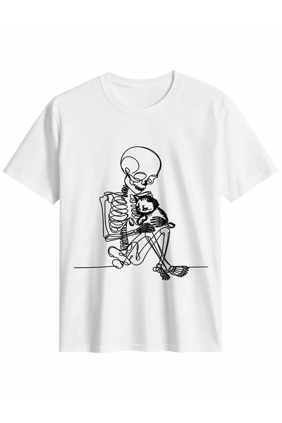 Women's T-Shirt Single Line Drawing Modern Art Skeleton Short Sleeve Casual Tee Classic Crew Neck T Shirt for Women White, XL