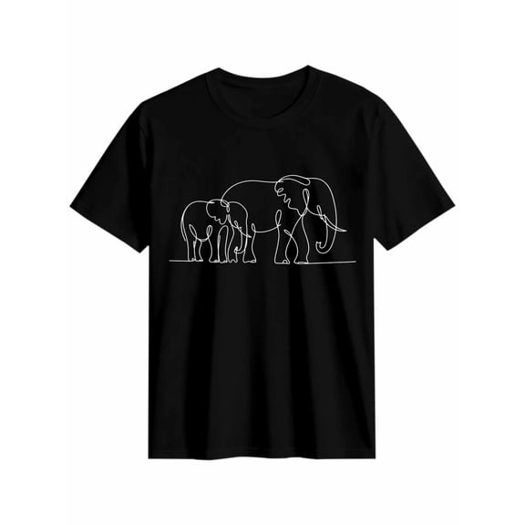 Women's T-Shirt Single Line Drawing Two Elephant Modern Art Short Sleeve Casual Tee Classic Crew Neck T Shirt for Women Black, M