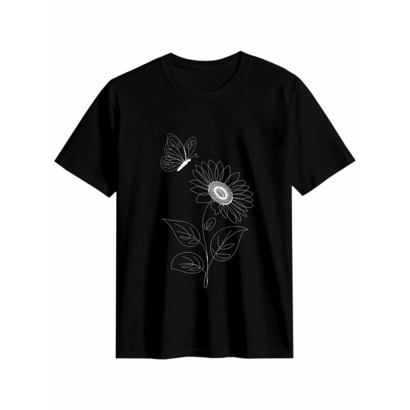 Women's T-Shirt Single Line Painting Sunflower Butterfly Flower Short Sleeve Casual Tee Classic Crew Neck T Shirt for Women Black, L