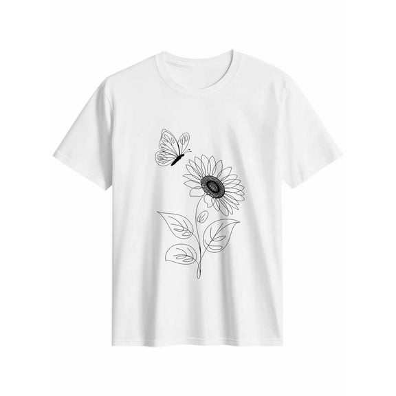 Women's T-Shirt Single Line Painting Sunflower Butterfly Flower Short Sleeve Casual Tee Classic Crew Neck T Shirt for Women White, L