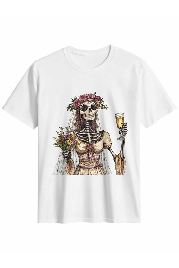 Women's T-Shirt Skeleton Celebrating Short Sleeve Casual Tee Classic Crew Neck T Shirt for Women White, L