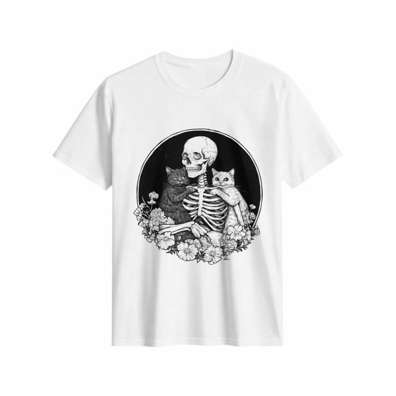 Women's T-Shirt Skull Cat Flowers Short Sleeve Casual Tee Classic Crew Neck T Shirt for Women White, XL