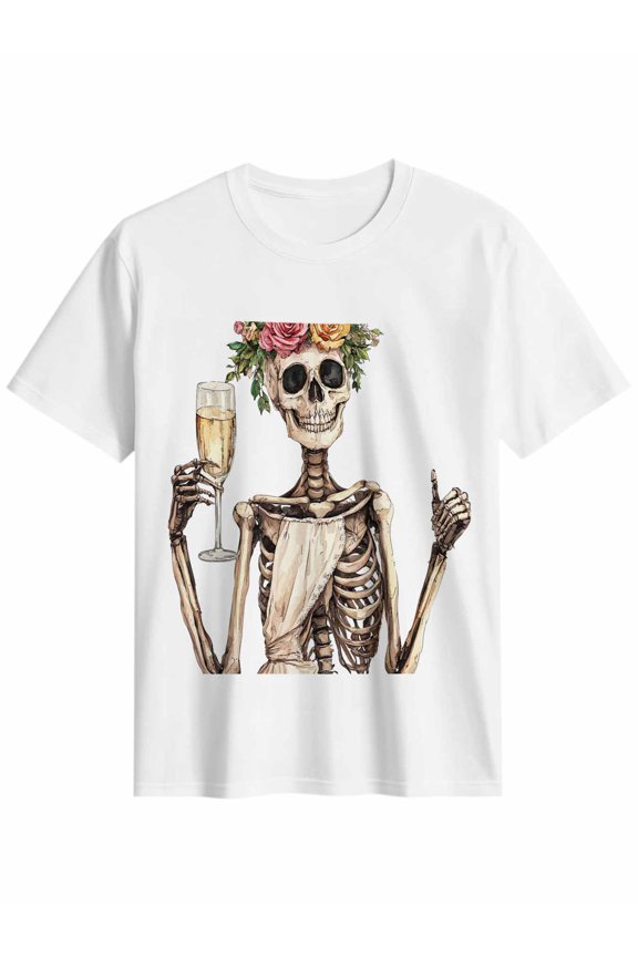 Women's T-Shirt Skull Celebrating Short Sleeve Casual Tee Classic Crew Neck T Shirt for Women White, 3XL