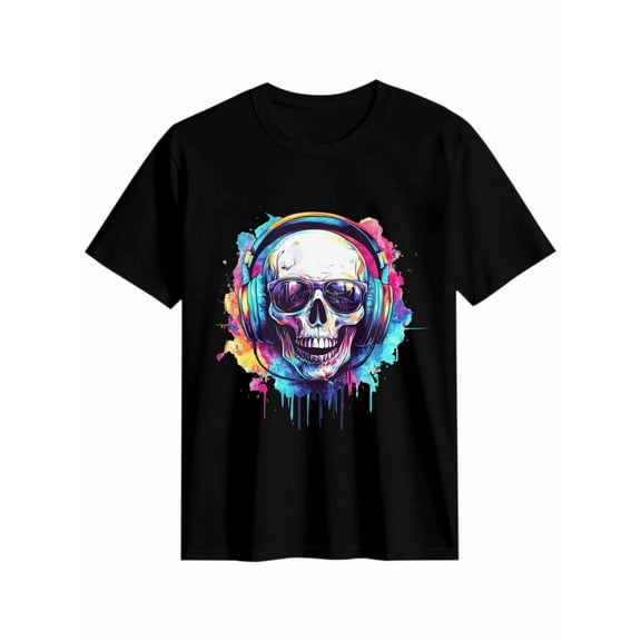 Women's T-Shirt Skull With Headphones Fashion Colorful Short Sleeve Casual Tee Classic Crew Neck T Shirt for Women Black, L