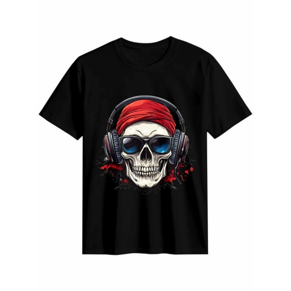 Women's T-Shirt Skull With Headphones Funny Short Sleeve Casual Tee Classic Crew Neck T Shirt for Women Black, 2XL