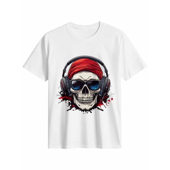 Women's T-Shirt Skull With Headphones Funny Short Sleeve Casual Tee Classic Crew Neck T Shirt for Women White, M