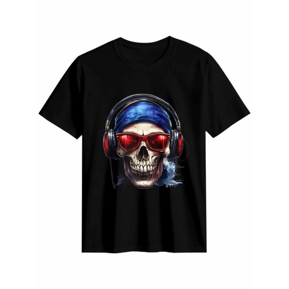 Women's T-Shirt Skull With Headphones Short Sleeve Casual Tee Classic Crew Neck T Shirt for Women Black, M