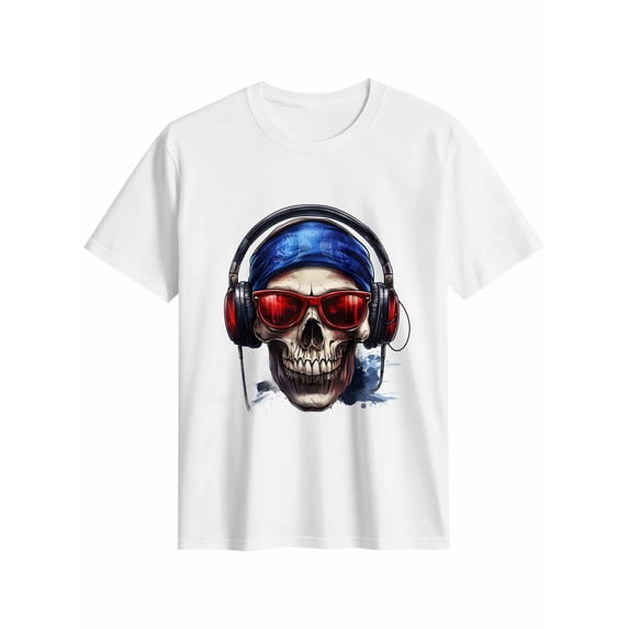 Women's T-Shirt Skull With Headphones Short Sleeve Casual Tee Classic Crew Neck T Shirt for Women White, S