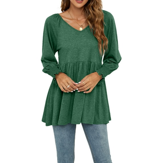 Women's T-Shirt Solid Color Long Puff Sleeve V-Neck Loose Hem Streetwear Breathable Tops