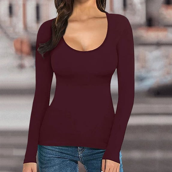 Women's T Shirt Solid Color Low U Neck Slim Bottom Long Sleeved Top
