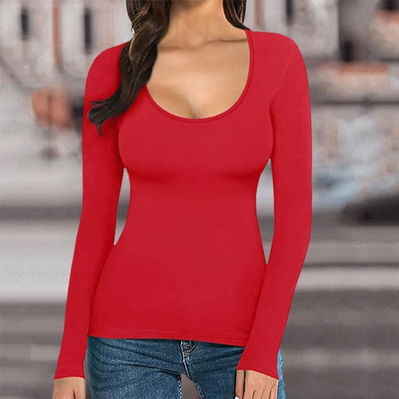 Women's T Shirt Solid Color Low U Neck Slim Bottom Long Sleeved Top