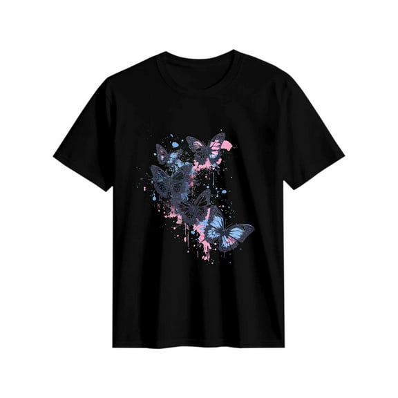 Women's T-Shirt Splash Butterfly Short Sleeve Casual Tee Classic Crew Neck T Shirt for Women Black, XL