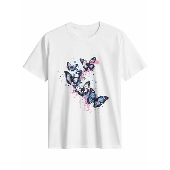 Women's T-Shirt Splash Butterfly Short Sleeve Casual Tee Classic Crew Neck T Shirt for Women White, XL