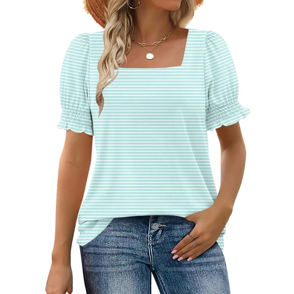 Women's T-Shirt, Square Neck Loose Fit Blouse with Lace Trim and Casual Stripe Print, Comfortable Short Sleeve Top for Daily Wear