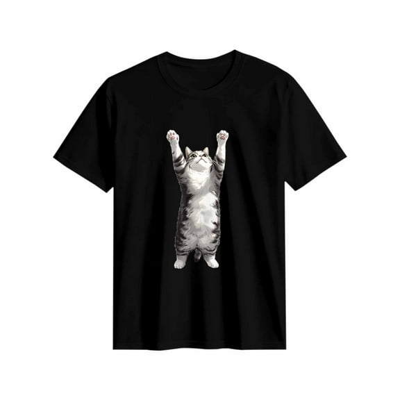 Women's T-Shirt Standing Cat Short Sleeve Casual Tee Classic Crew Neck T Shirt for Women Black, 3XL