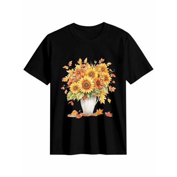 Women's T-Shirt Sunflower Maple Leaf Short Sleeve Casual Tee Classic Crew Neck T Shirt for Women Black, L