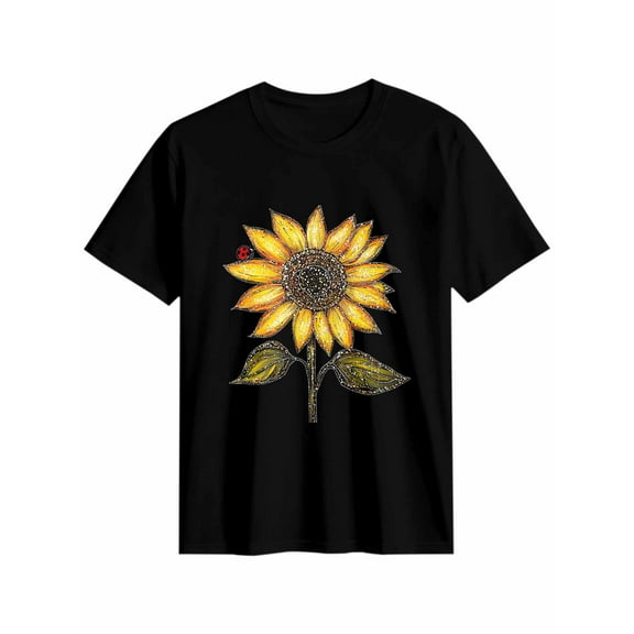 Women's T-Shirt Sunflowers Floral Short Sleeve Casual Tee Classic Crew Neck T Shirt for Women Black, L