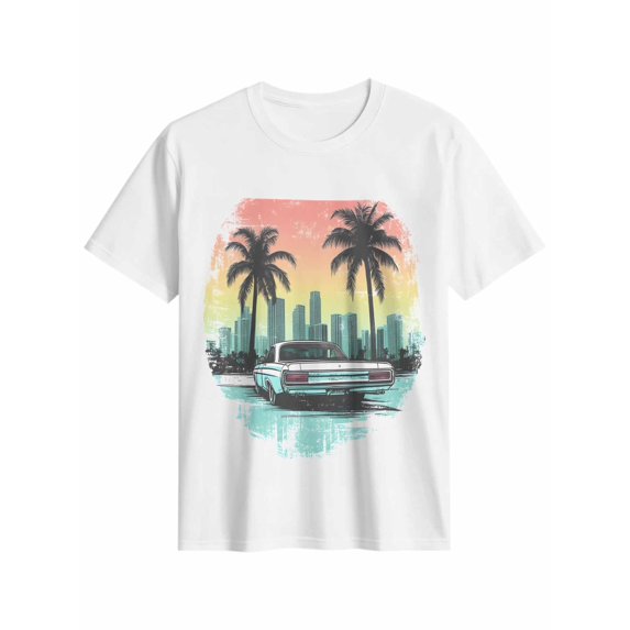 Women's T-Shirt Sunset Car Summer Tropical Plant Palm Tree Short Sleeve Casual Tee Classic Crew Neck T Shirt for Women White, 5XL
