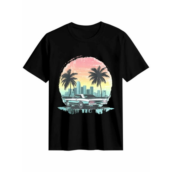 Women's T-Shirt Sunset Car Summer Tropical Plant Palm Trees Short Sleeve Casual Tee Classic Crew Neck T Shirt for Women Black, M