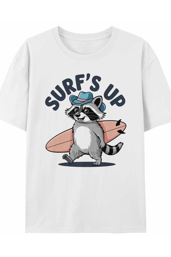 Women's T-Shirt Surf's up Raccoon Surfing Vacation Short Sleeve Casual Tee Classic Crew Neck T Shirt for Women White, 3XL