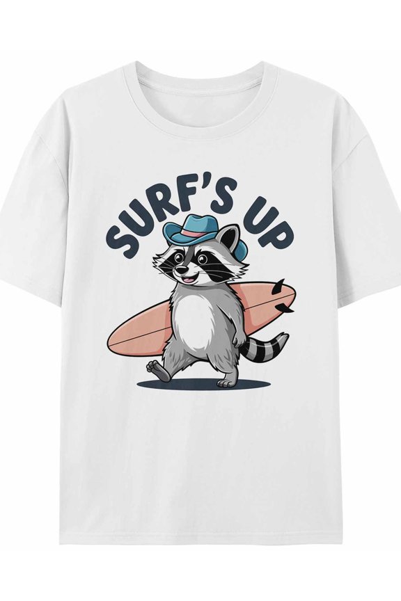 Women's T-Shirt Surf's up Raccoon Surfing Vacation Short Sleeve Casual Tee Classic Crew Neck T Shirt for Women White, M