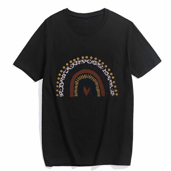 Women's T-Shirt Teacher Life Shirt Rainbow Leopard Graphic Tee Kindergarten Teachers Gift Casual Short Sleeve Top Black 2X-Large