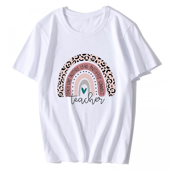 Women's T-Shirt Teacher Shirt for Women Teach Rainbow Leopard Graphic Casual Short Sleeve Top White Large