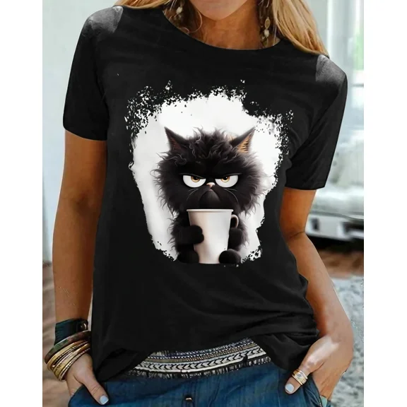 Women's T Shirt Tee Cat Daily Weekend Black Print Short Sleeve Fashion Funny Round Neck Regular Fit Summer