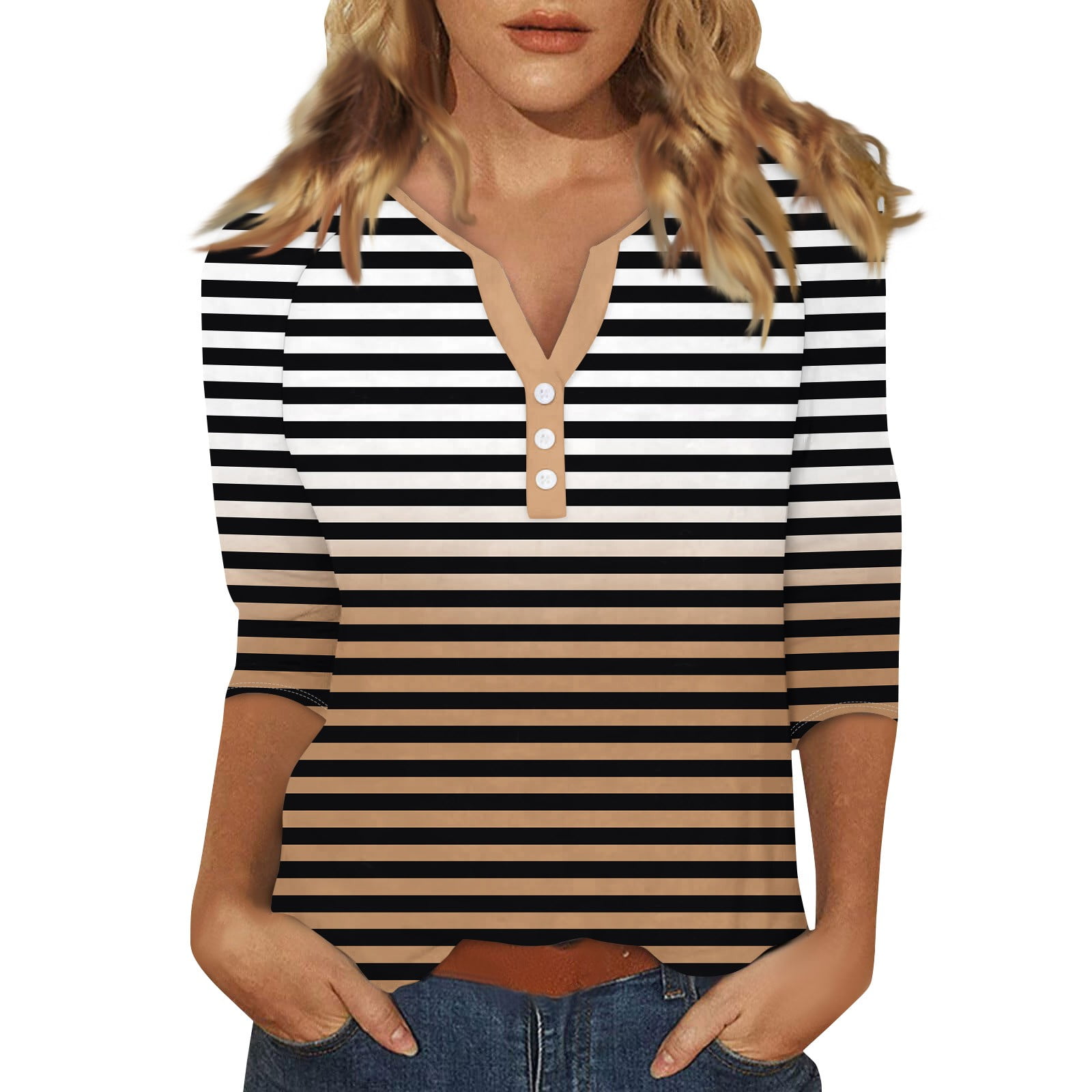 Women's T Shirt Tee Print Button 3/4 Sleeve Daily Weekend Fashion Basic