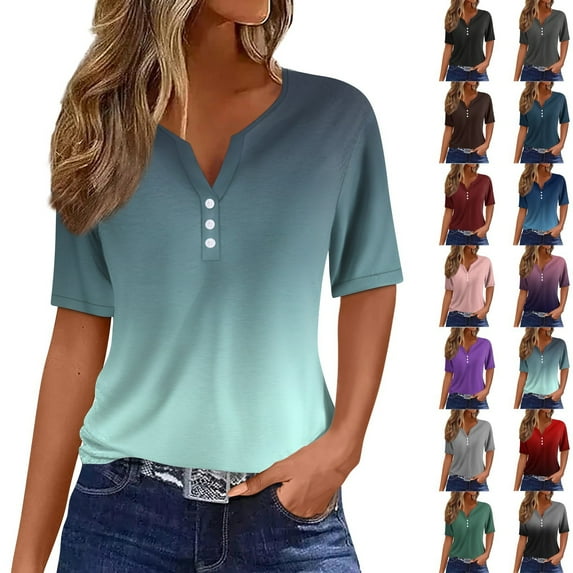 New Women's T Shirt Tee Print Button Short Sleeve Daily Weekend Fashion Basic V- Neck Regular Top