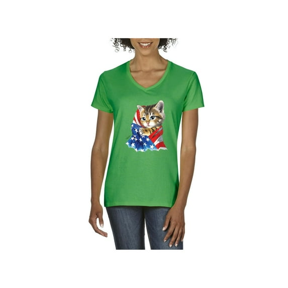 Women's T-Shirt V-Neck Short Sleeve - American Flag 4th of July Kitty