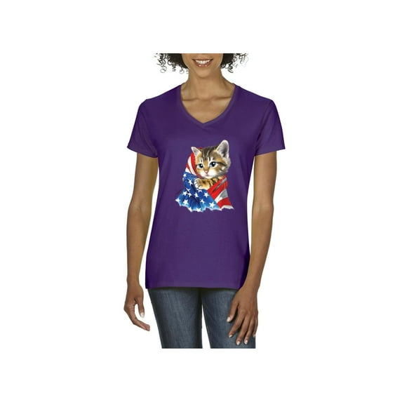 Women's T-Shirt V-Neck Short Sleeve - American Flag 4th of July Kitty