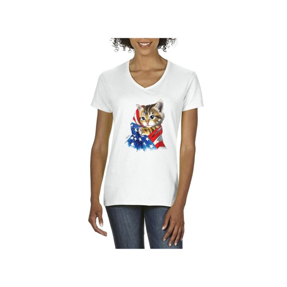 Women's T-Shirt V-Neck Short Sleeve - American Flag 4th of July Kitty