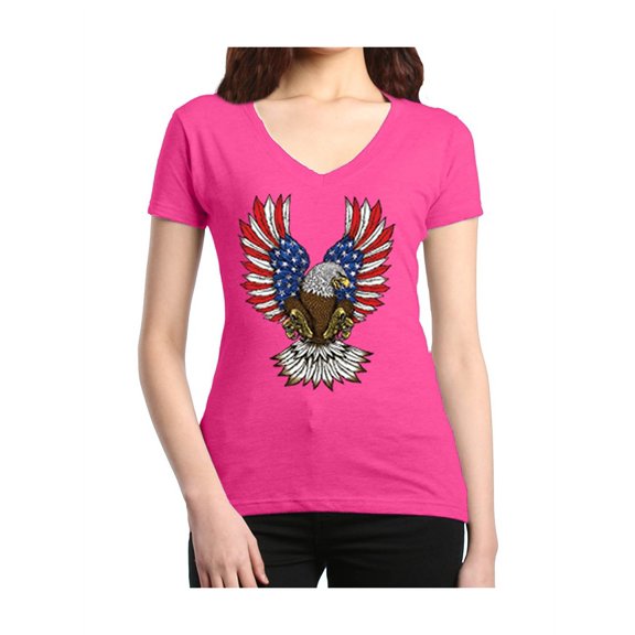 Women's T-Shirt V-Neck Short Sleeve - American Flag 4th of July